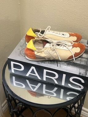 Tory Burch Womens Orange & Yellow Leather Suede Sneakers